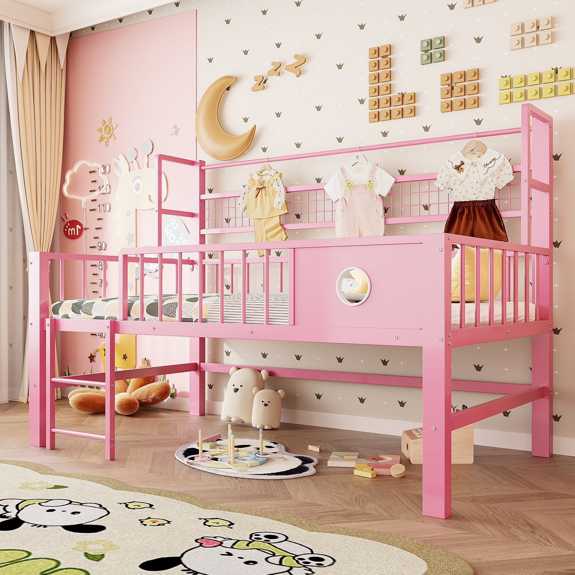 Low Loft Bed with Storage Compartments, 90x200cm, Pink Metal Frame