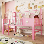 Low Loft Bed with Storage Compartments, 90x200cm, Pink Metal Frame