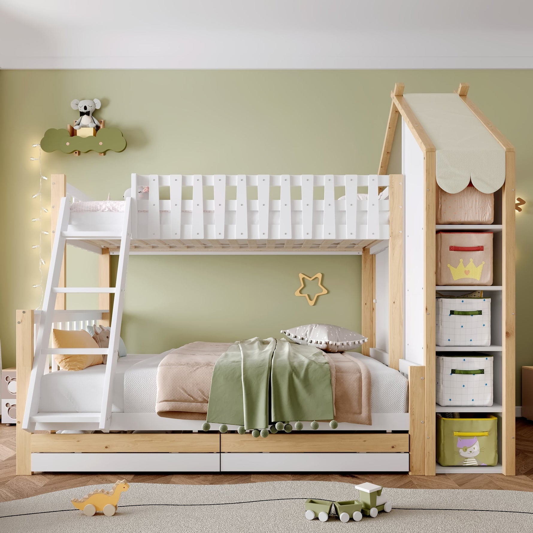 Bunk Bed 90x200cm/140x200cm, House Rail, Ladder, 2 Drawers, White + Natural Wood