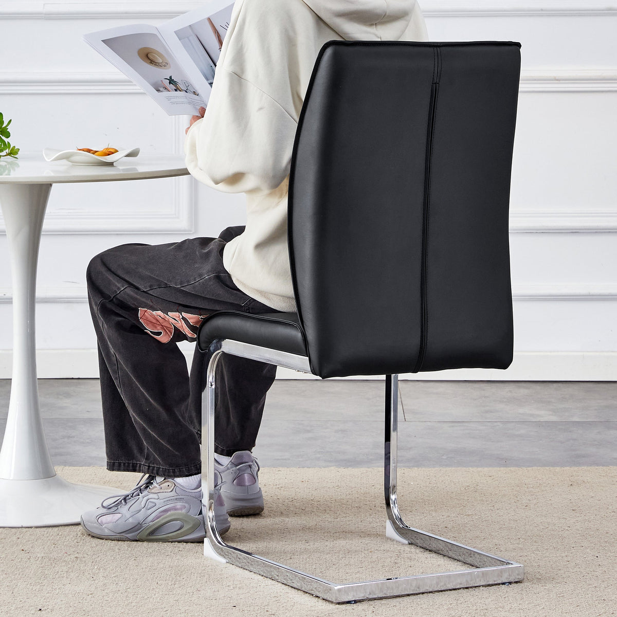 Chairs (Set of 4), Comfortable with Silver Metal Legs, Black PU
