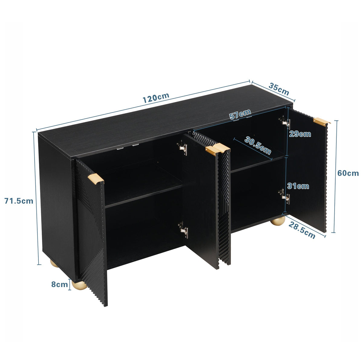 Sideboard with Four Molded Doors and Adjustable Shelves, Metal Handles and Ball-Shaped Legs