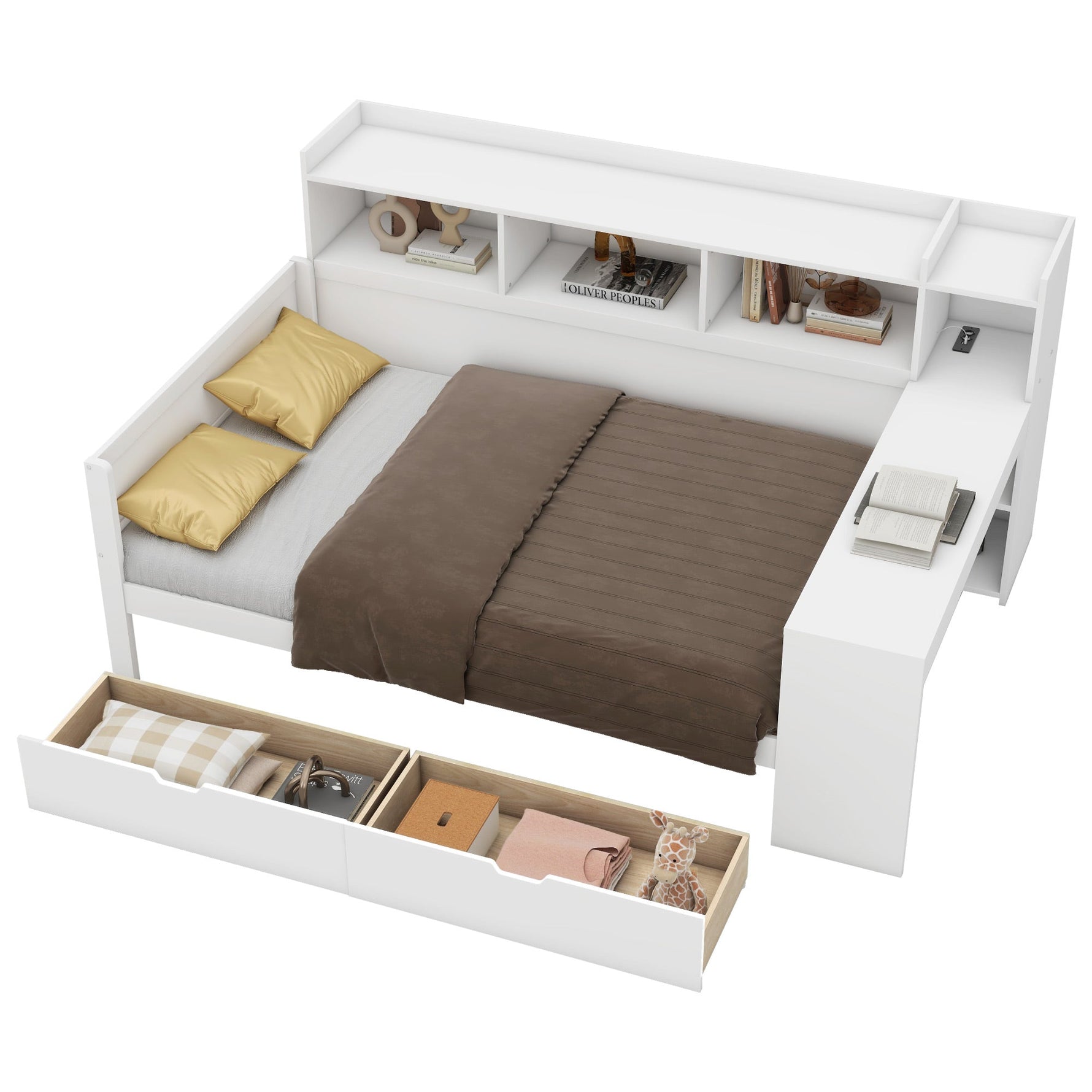 Daybed with Desk and USB Charging Port, 90 x 200 cm with 2 Drawers and Storage Shelves, White Chipboard