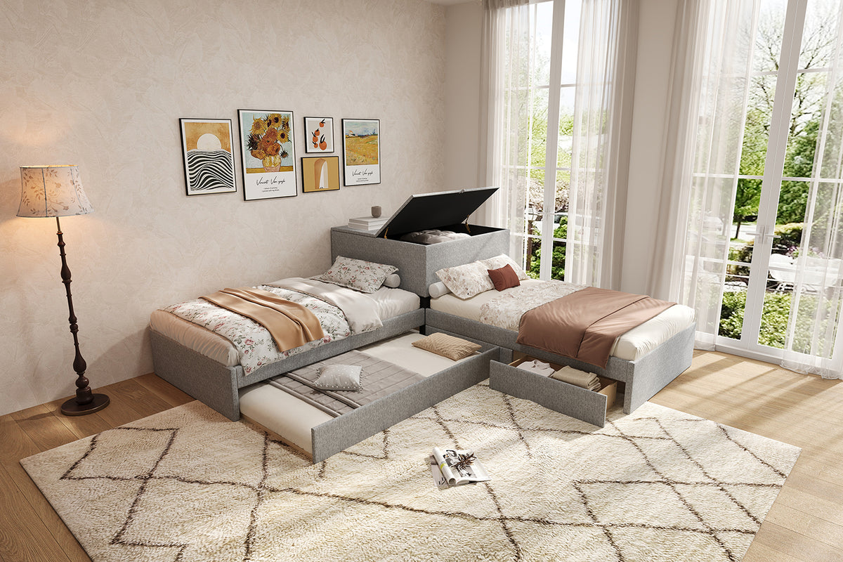 Corner Bed with Trundle & Storage, 90x200 cm, Grey Linen