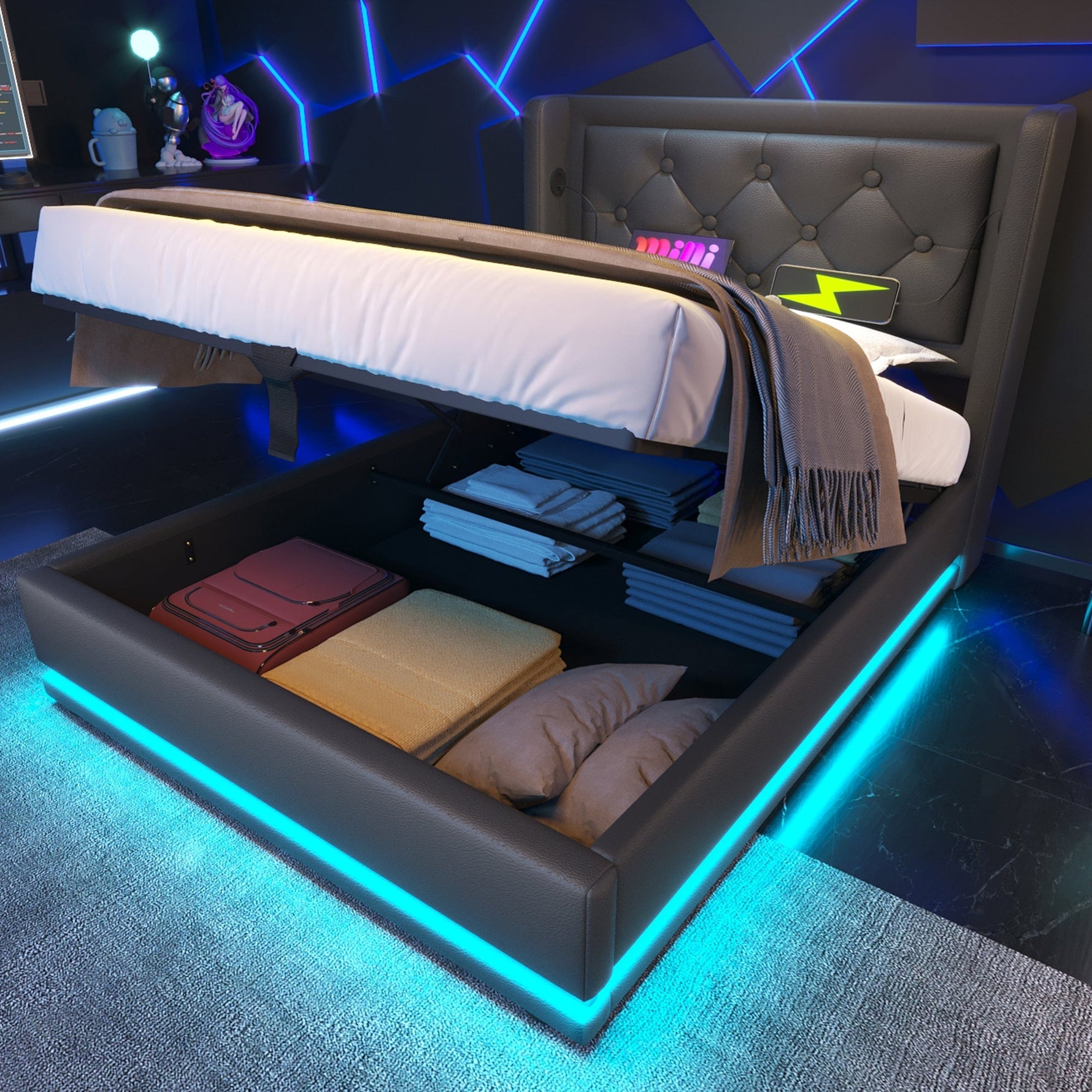 Upholstered Bed, 90x200cm Hydraulic Storage with USB, LED, Black PU