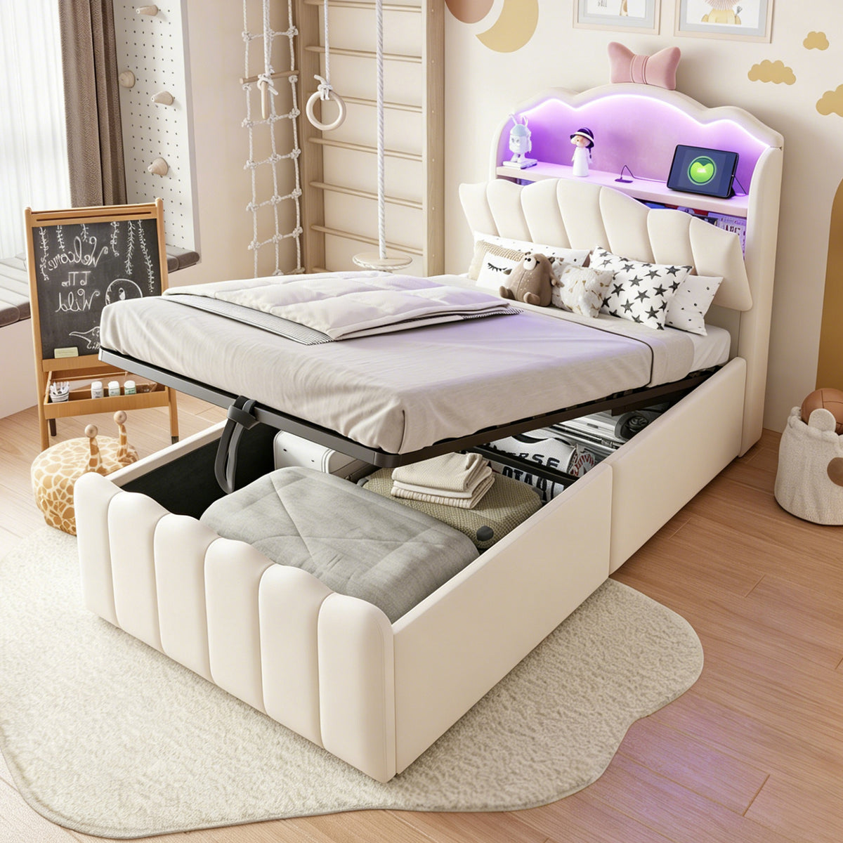 Children's Bed 90x200 Hydraulic Storage & LED, Beige Velvet