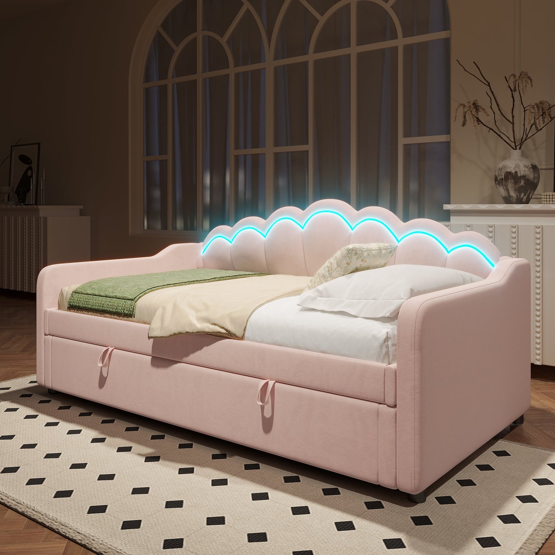 Daybed Sofa Bed 90x200cm Hydraulic Storage LED - Velvet Pink