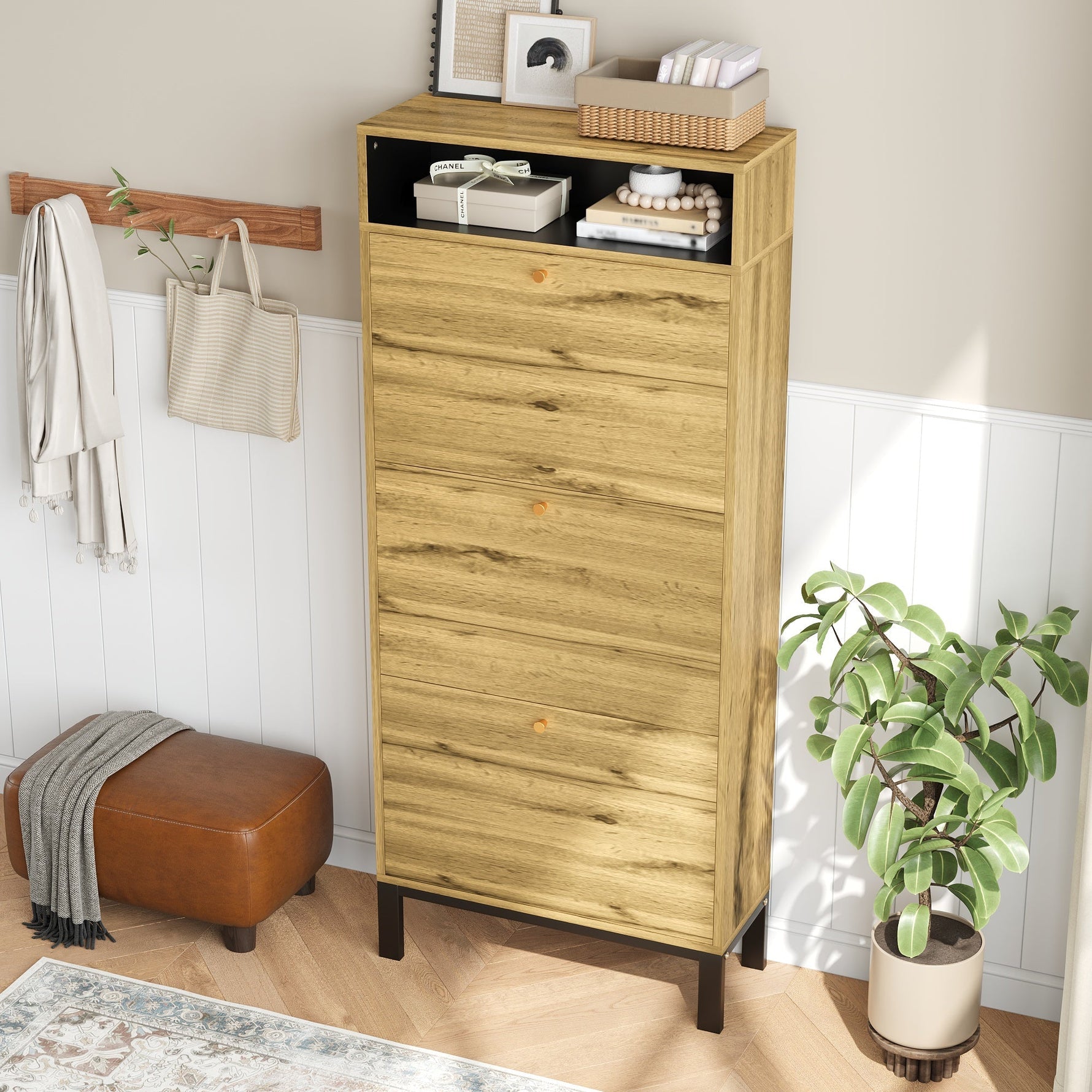 Shoe Cabinet with 3 Drawers and Additional Compartments, Tall and Narrow, Natural Wood Look