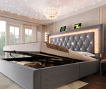 Upholstered Bed 160x200 cm with LED, USB Charging and Hydraulic Storage (with Mattress), Grey Velvet