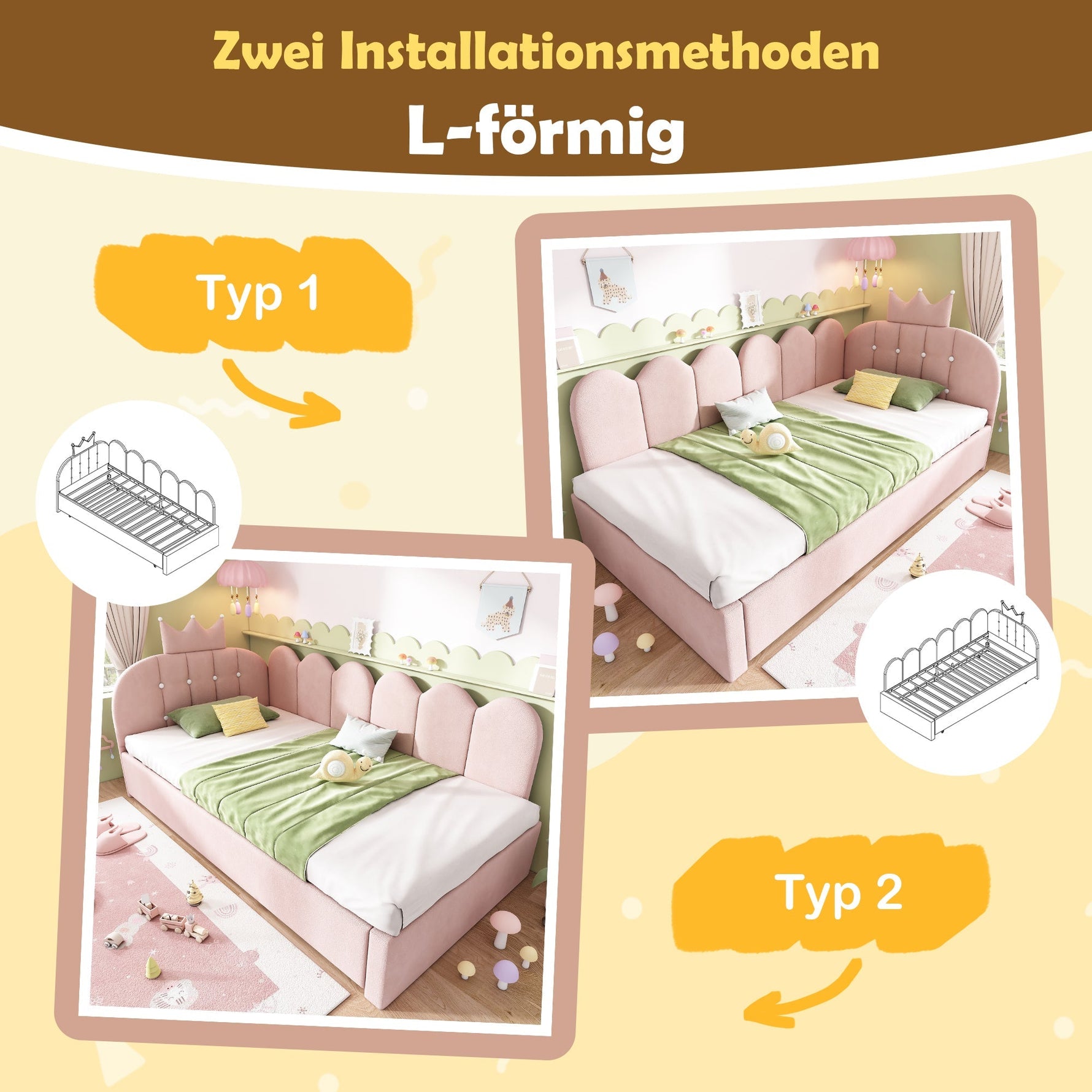 Sofa Bed with Pull-out Bed, 90x200cm Single Guest Bed with Crown Lattice Design, Pink Velvet