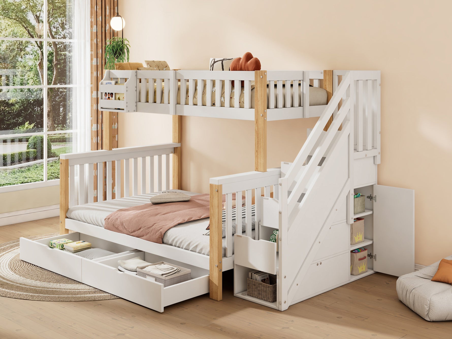 Children's Bunk Bed, Multifunctional Double Bed with Storage, White + Natural Color