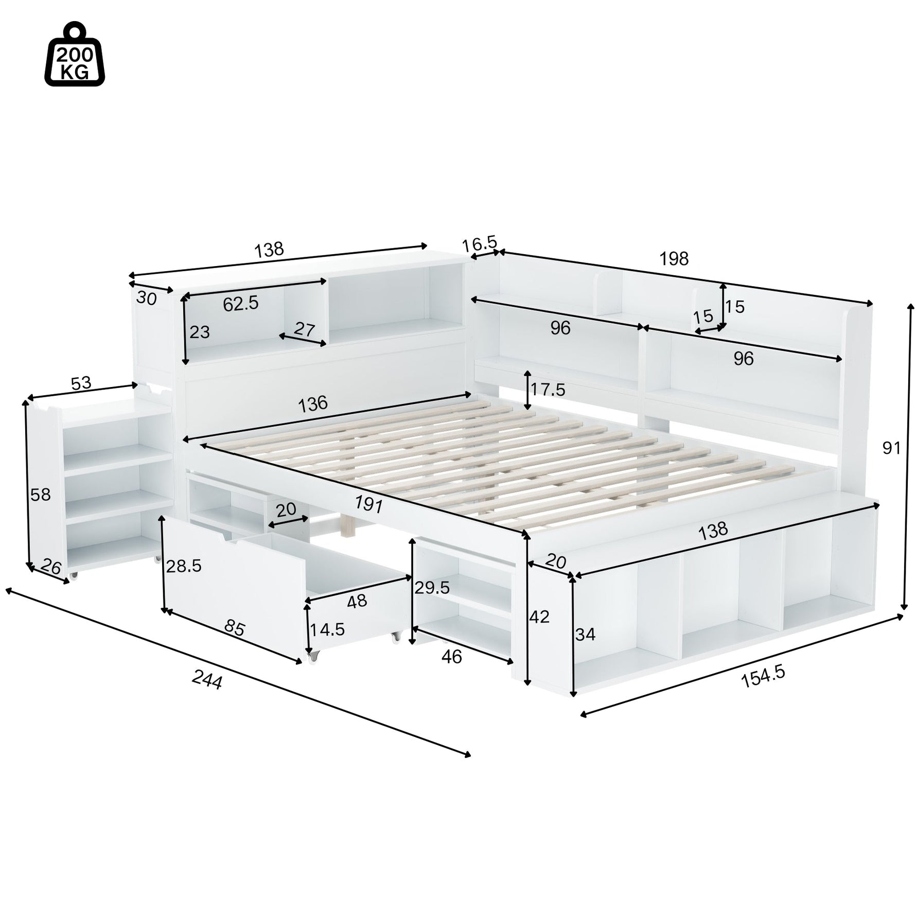 LED upholstered bed, 140 × 190 cm, hydraulic bed, 2-in-1 storage drawers at the foot of the bed, built-in LED light strips on both sides of the bed, slatted base, mattress not included, velvet, grey.