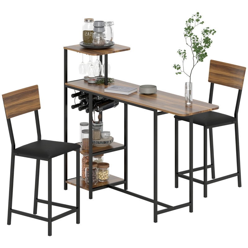 Bar Table with Stool Set, 3-Piece Folding Kitchen Table with Wine Rack, Steel Frame, Brown