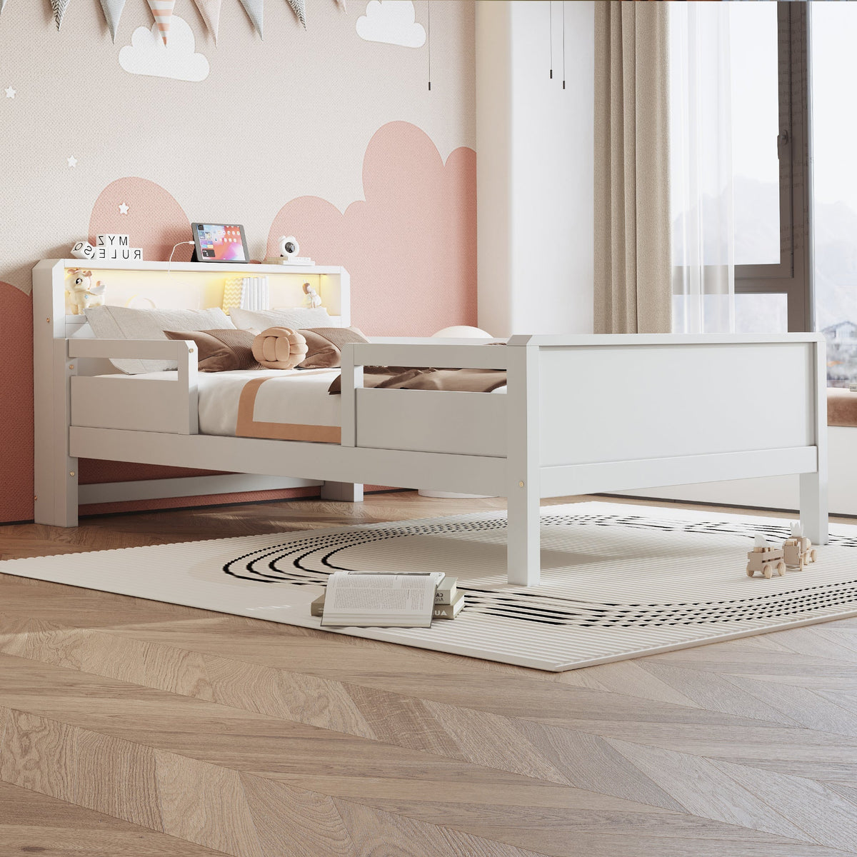 Wooden Bed, 90x200cm Multifunctional with USB & LED, Pinewood White