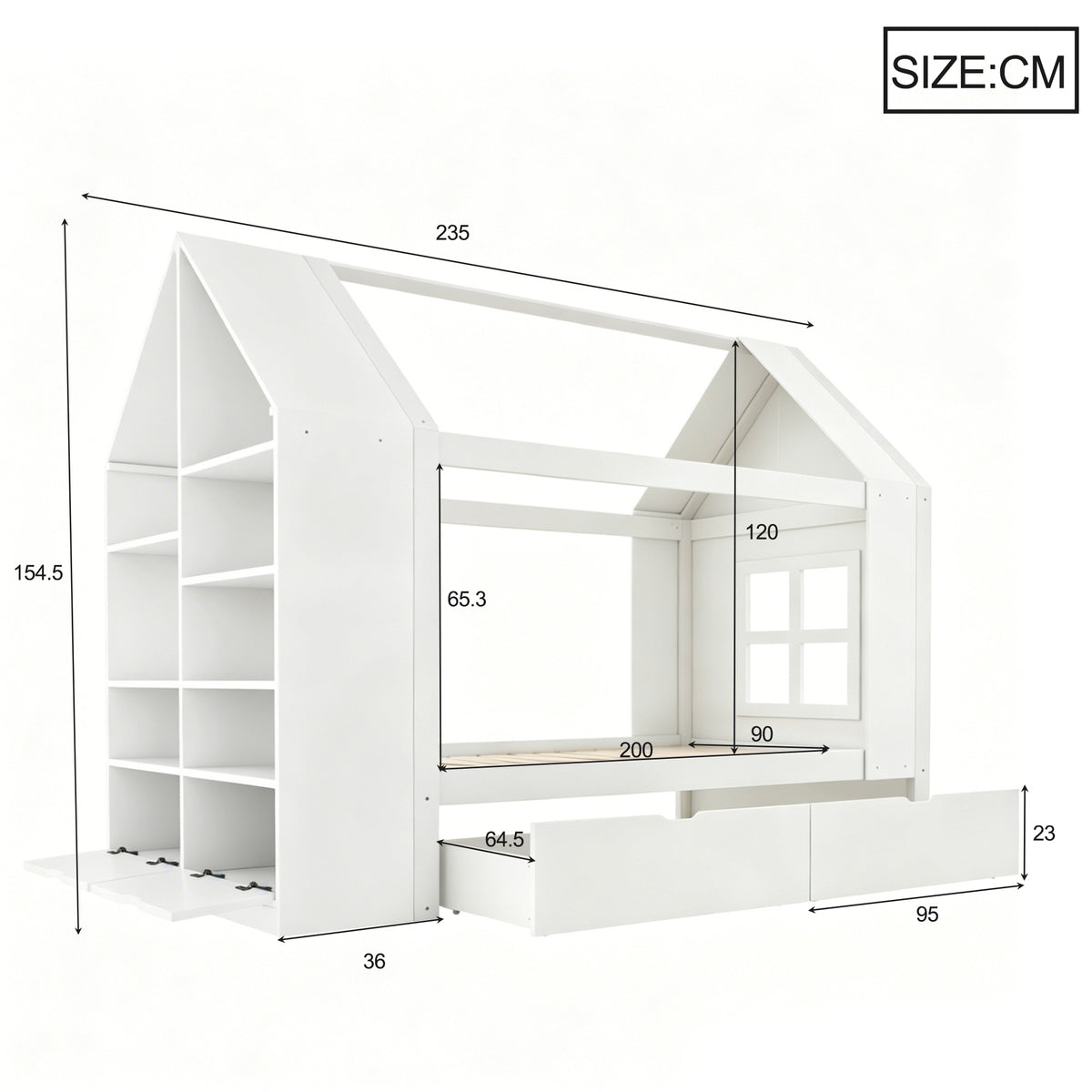 House Bed 90x200cm with 2 Drawers & LED Lighting, White