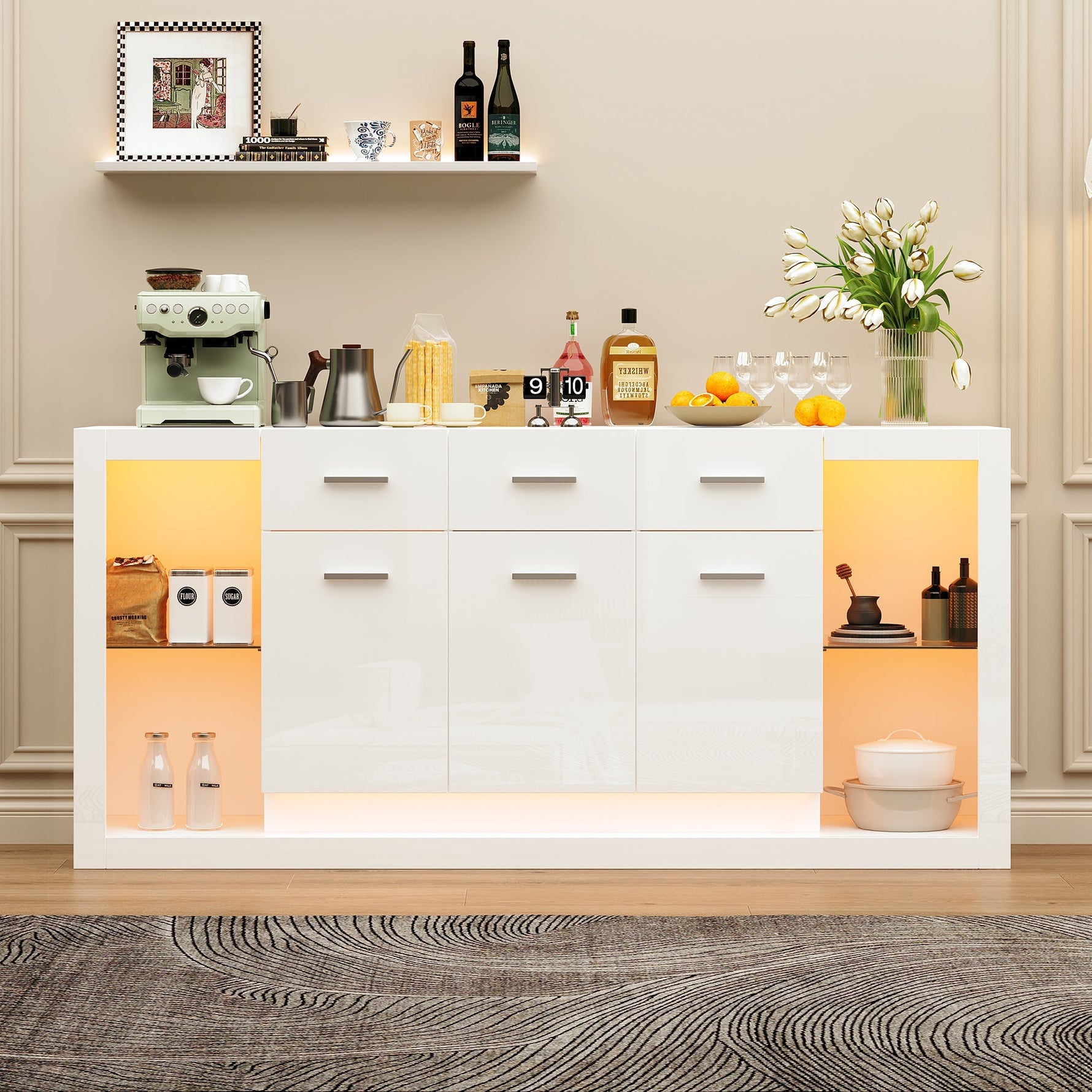 High-Gloss Sideboard 160cm with LED Light and 3 Drawers - White