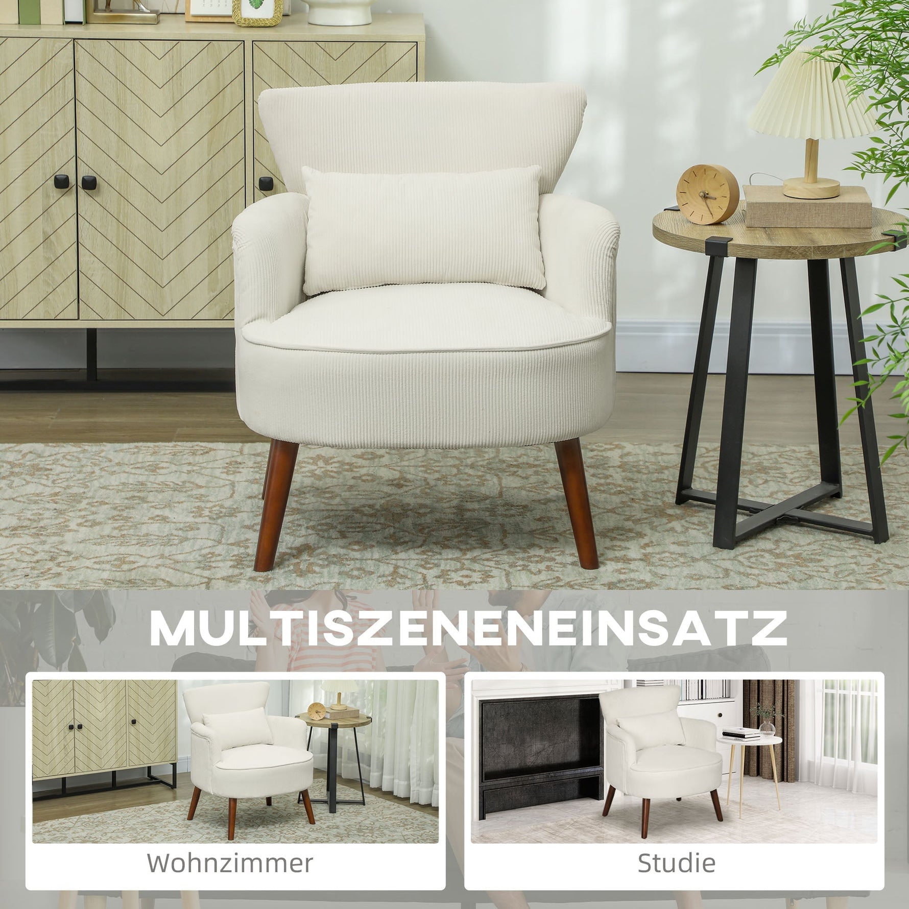 Armchair Lounge Chair Corduroy Look, Cream White