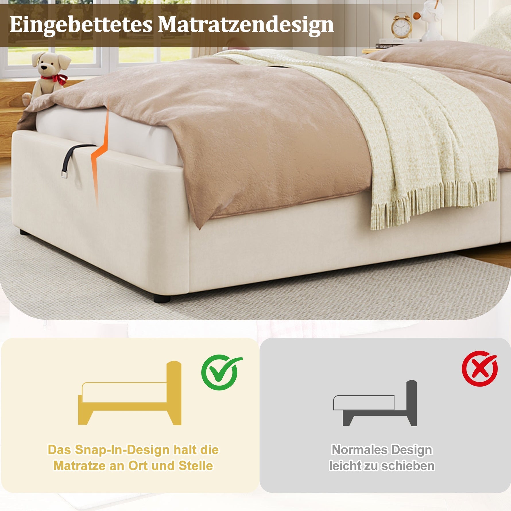 Upholstered Bed Single/Children's 90x200cm Hydraulic Storage with Padded Headboard, Velvet Beige