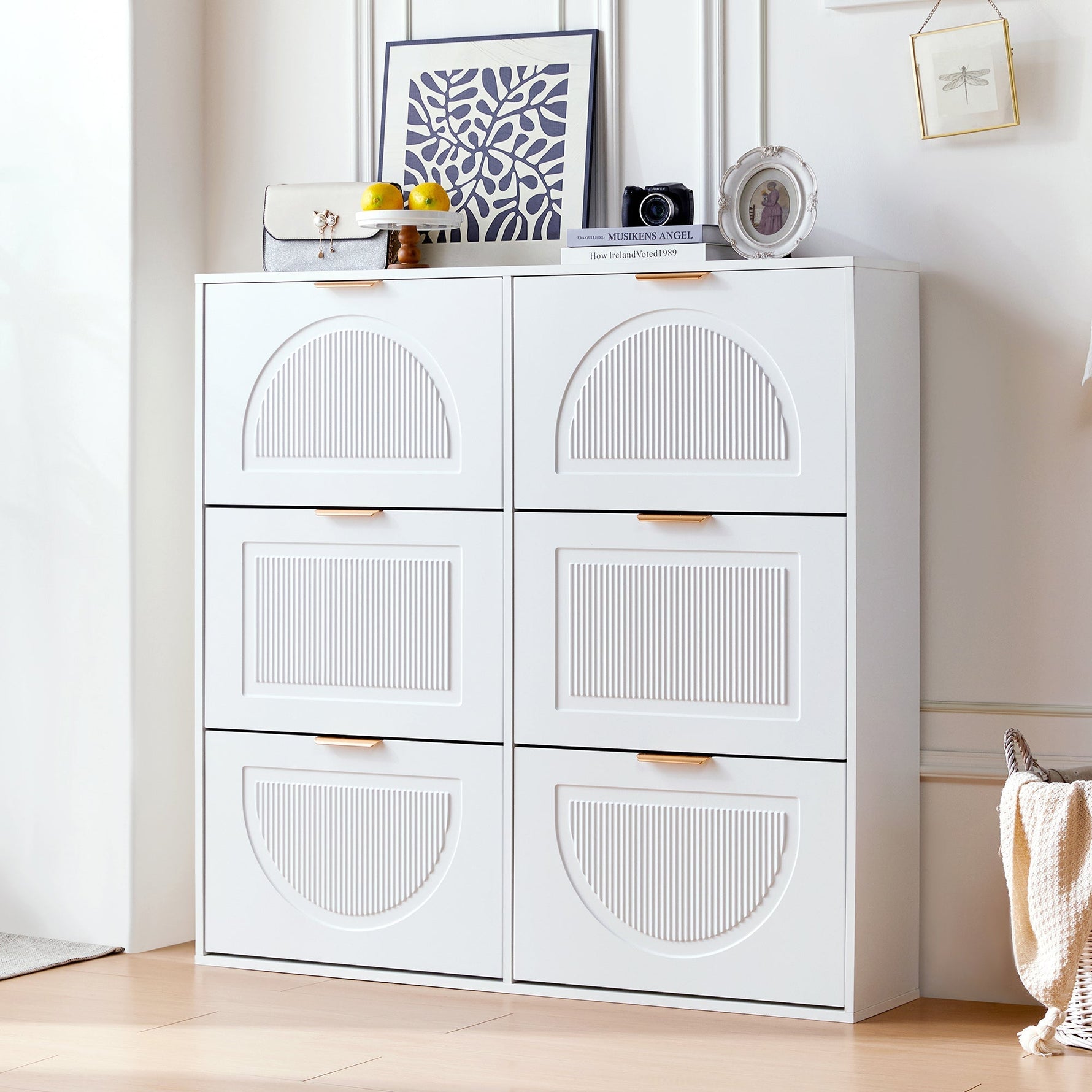 Shoe Cabinet 6 Flaps Open Shelves Freestanding 118x115x25cm - White