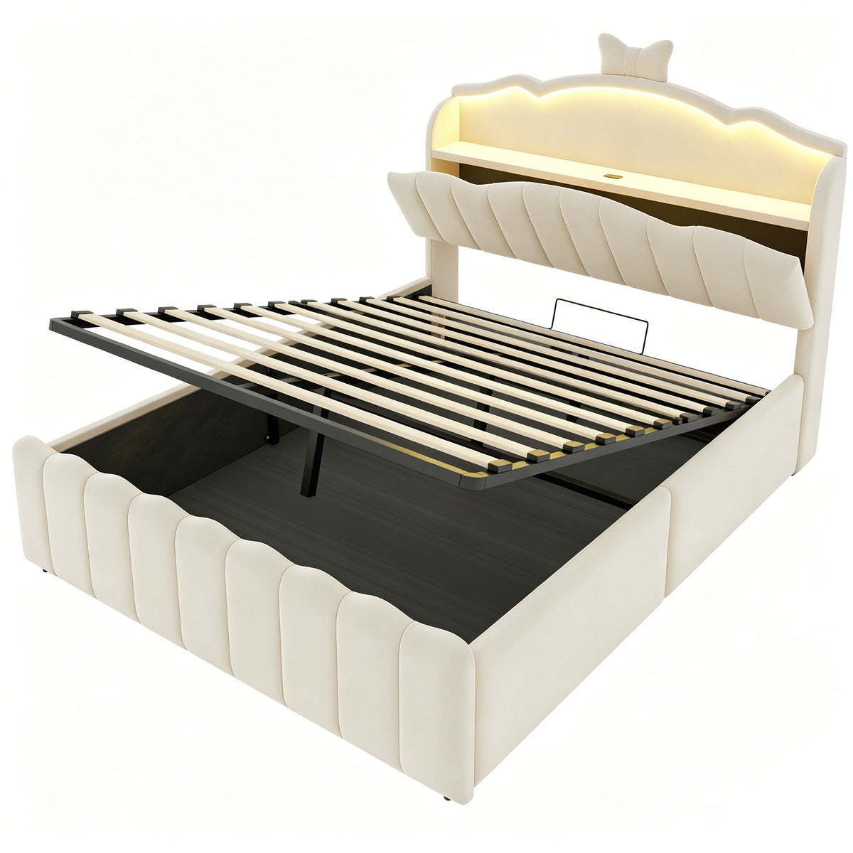 Upholstered Children Bed 140x200 Storage & LED, Beige Velvet