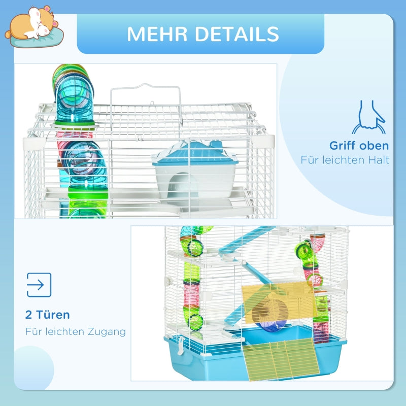 Small Animal Cage, 5-Level with Exercise Wheel, Light Blue + White Plastic
