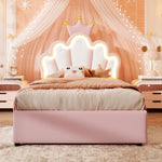 Upholstered Bed 90x200cm Hydraulic Storage LED Crown Shape Adjustable Headboard - PU Pink