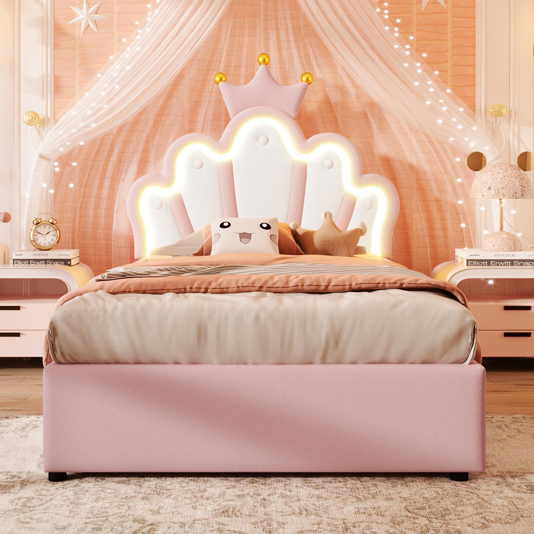 Upholstered Bed 90x200cm Hydraulic Storage LED Crown Shape Adjustable Headboard - PU Pink