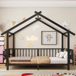 Children's House Bed 90x200cm with Safety Rail & Roof, Black Metal
