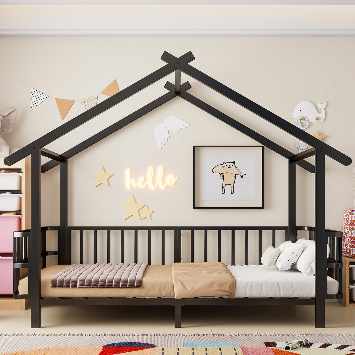 Children's House Bed 90x200cm with Safety Rail & Roof, Black Metal