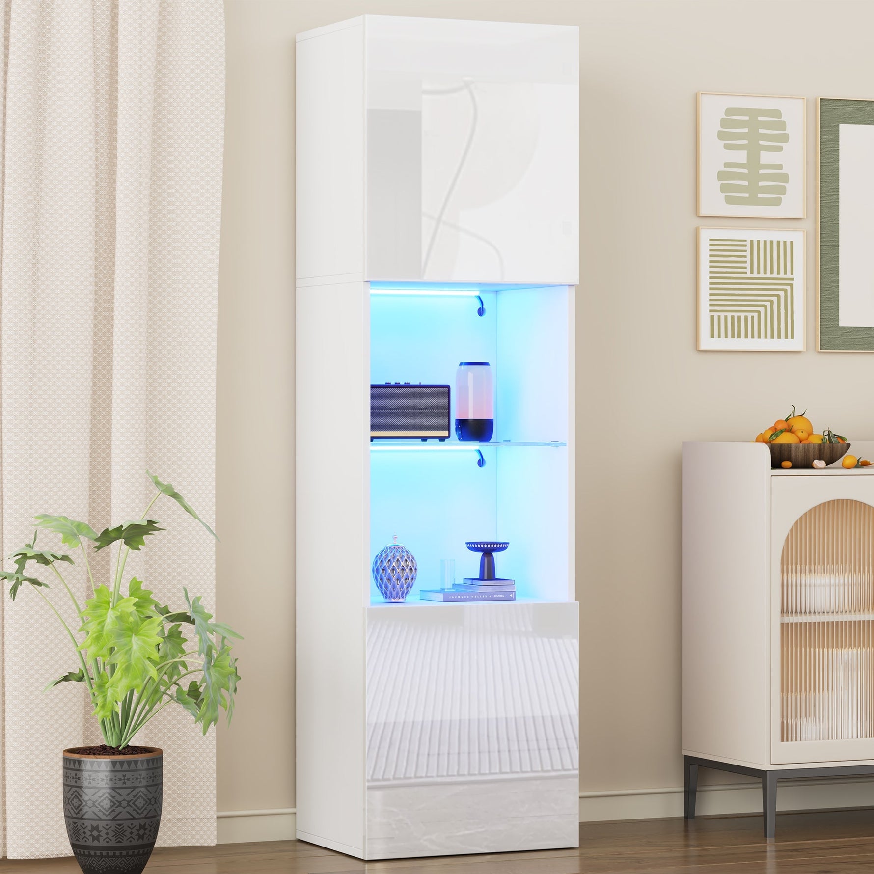 Display Cabinet with LED Lighting, 1 Glass Shelf, 45x35x160 cm, High-Gloss White