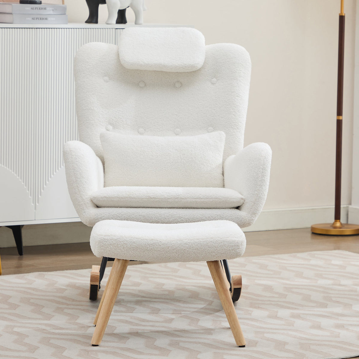 Rocking Chair with Footstool, Armrests Recliner Lounge Chair, Teddy Velvet Fabric