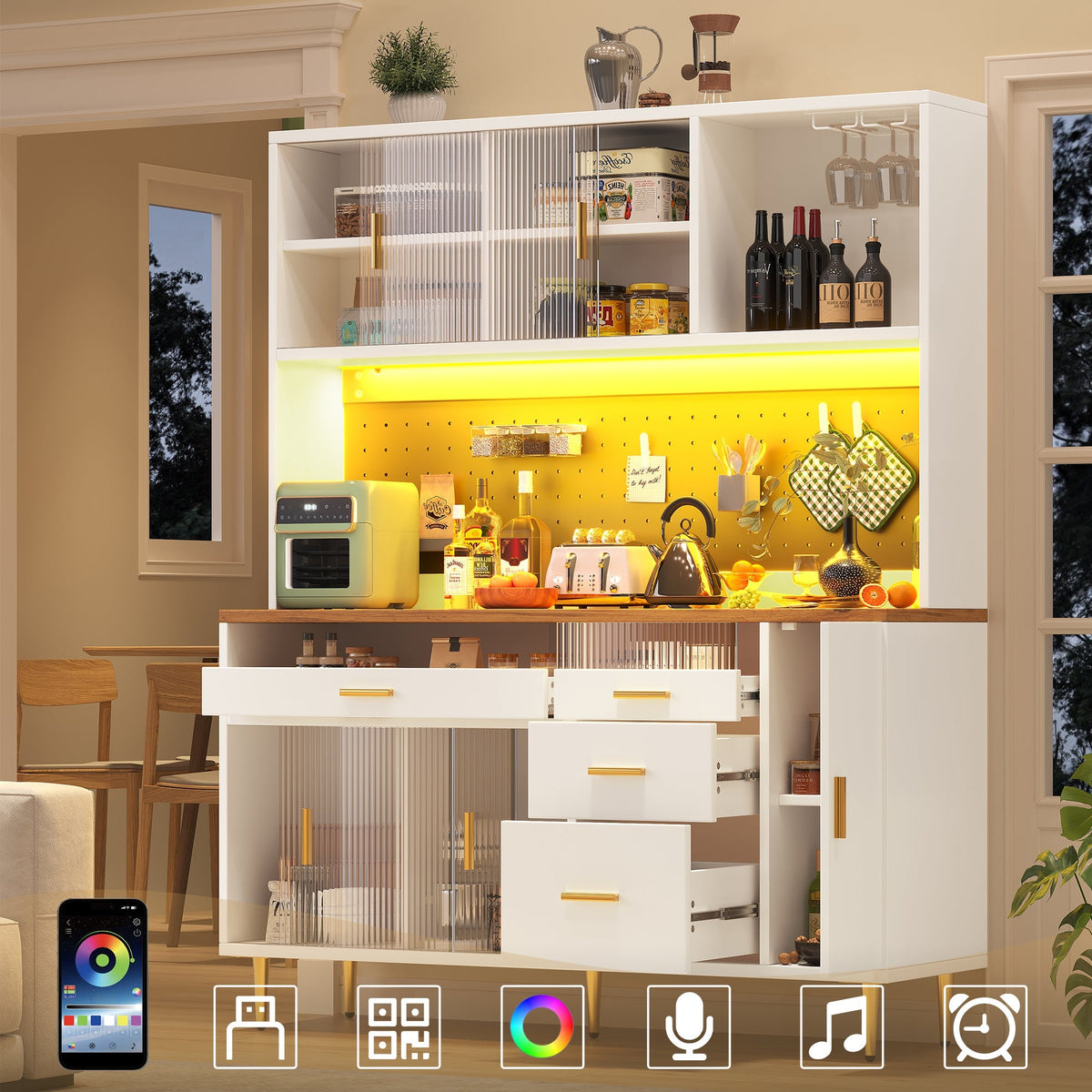 Tall Cabinet with LED Lighting and Pegboard Shelves, White