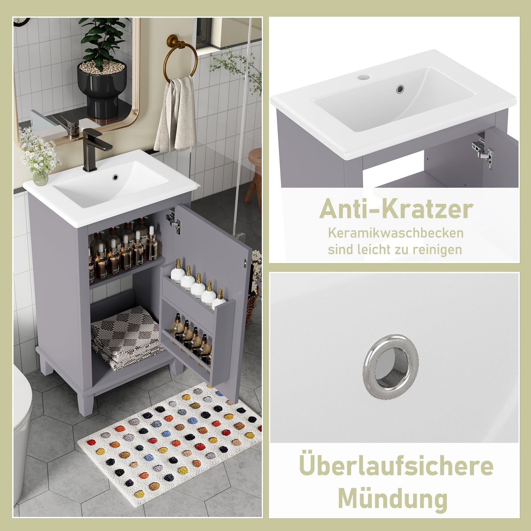 Bathroom Vanity Unit with Ceramic Sink and Adjustable Shelves, Grey