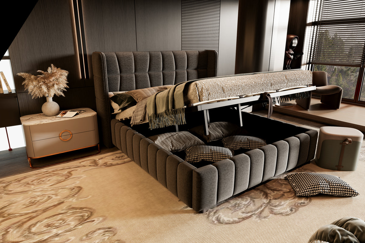 Upholstered Double Bed with LED, USB & Storage, 160x200, Linen