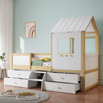 Children's Bed, Half-Height House Bed with 4 Drawers & Stairs, Pine+MDF+Plywood, White+Natural, 90x200cm