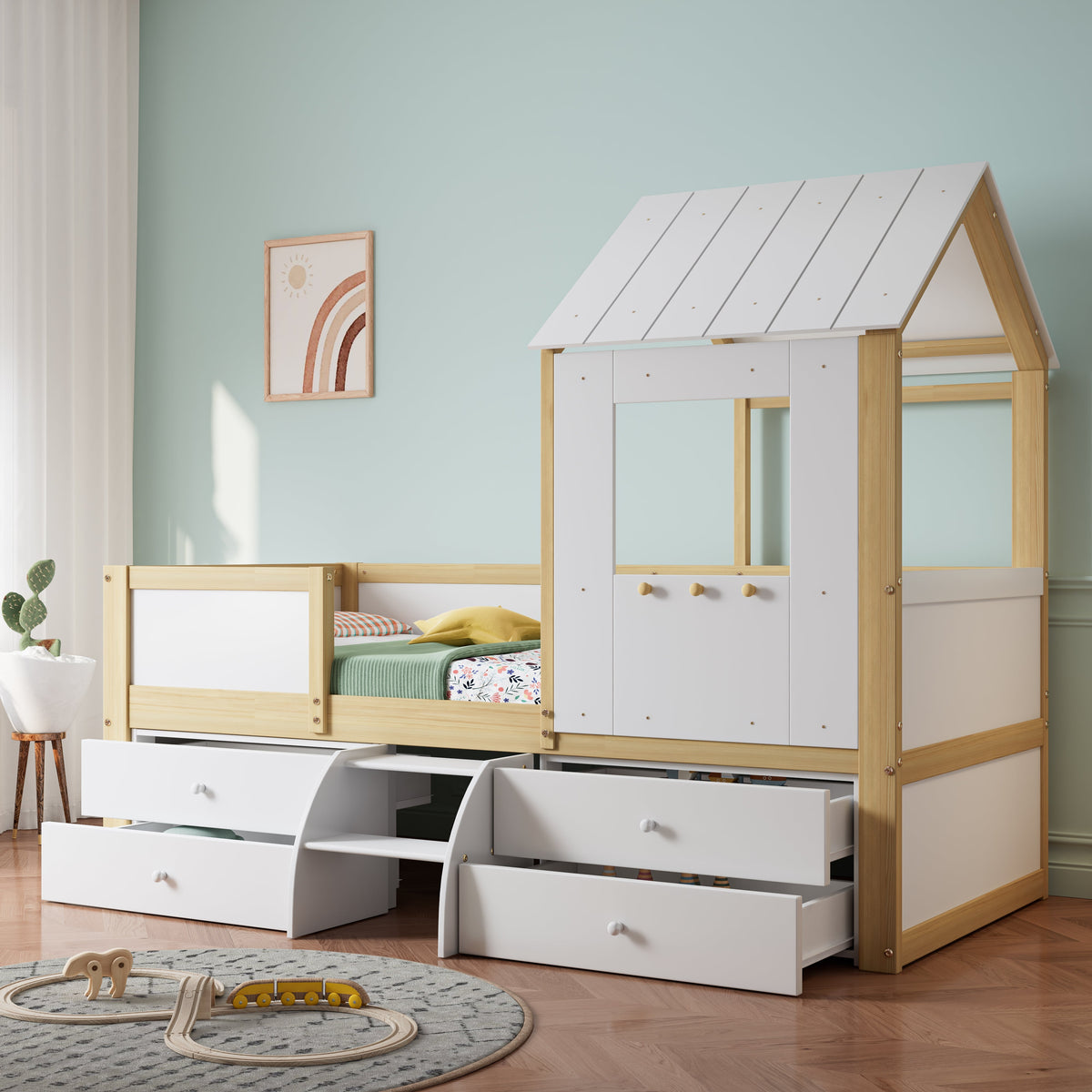 Children's Bed, Half-Height House Bed with 4 Drawers & Stairs, Pine+MDF+Plywood, White+Natural, 90x200cm