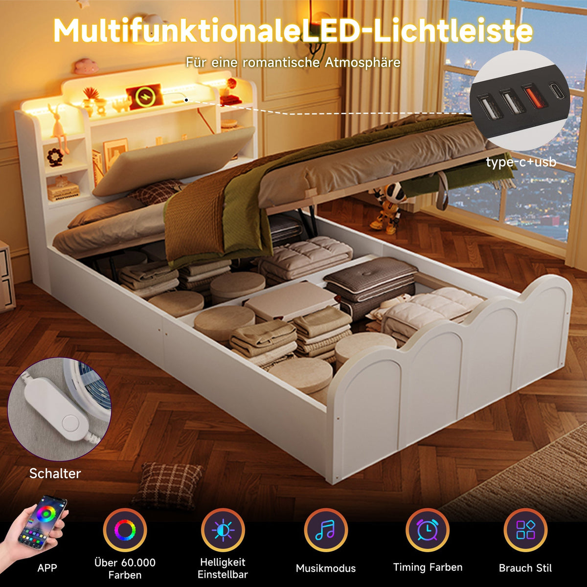 Panel Bed 90x200cm Hydraulic Storage USB-C Charging LED Multifunctional White