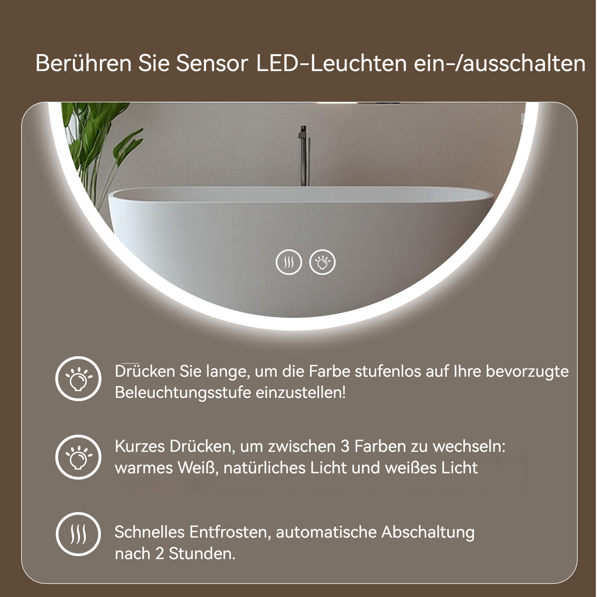 70cm LED Round Bathroom Mirror, Anti-Fog & Dimmable Light
