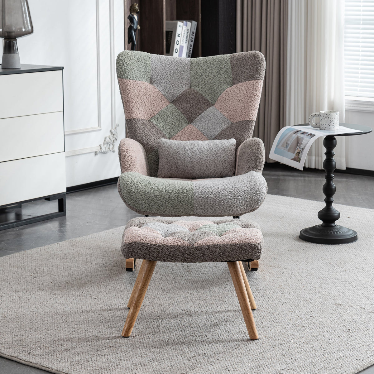 Rocking Chair with Footrest & Lumbar Cushion, Sturdy Rubberwood, Multicolored