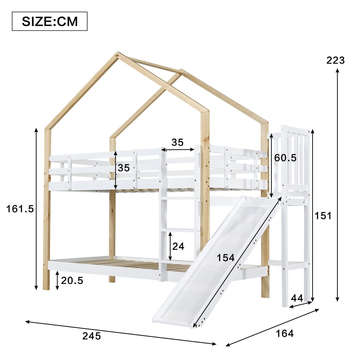 House Bunk Bed with Slide & 2 Drawers, 90x200cm, Solid Wood White
