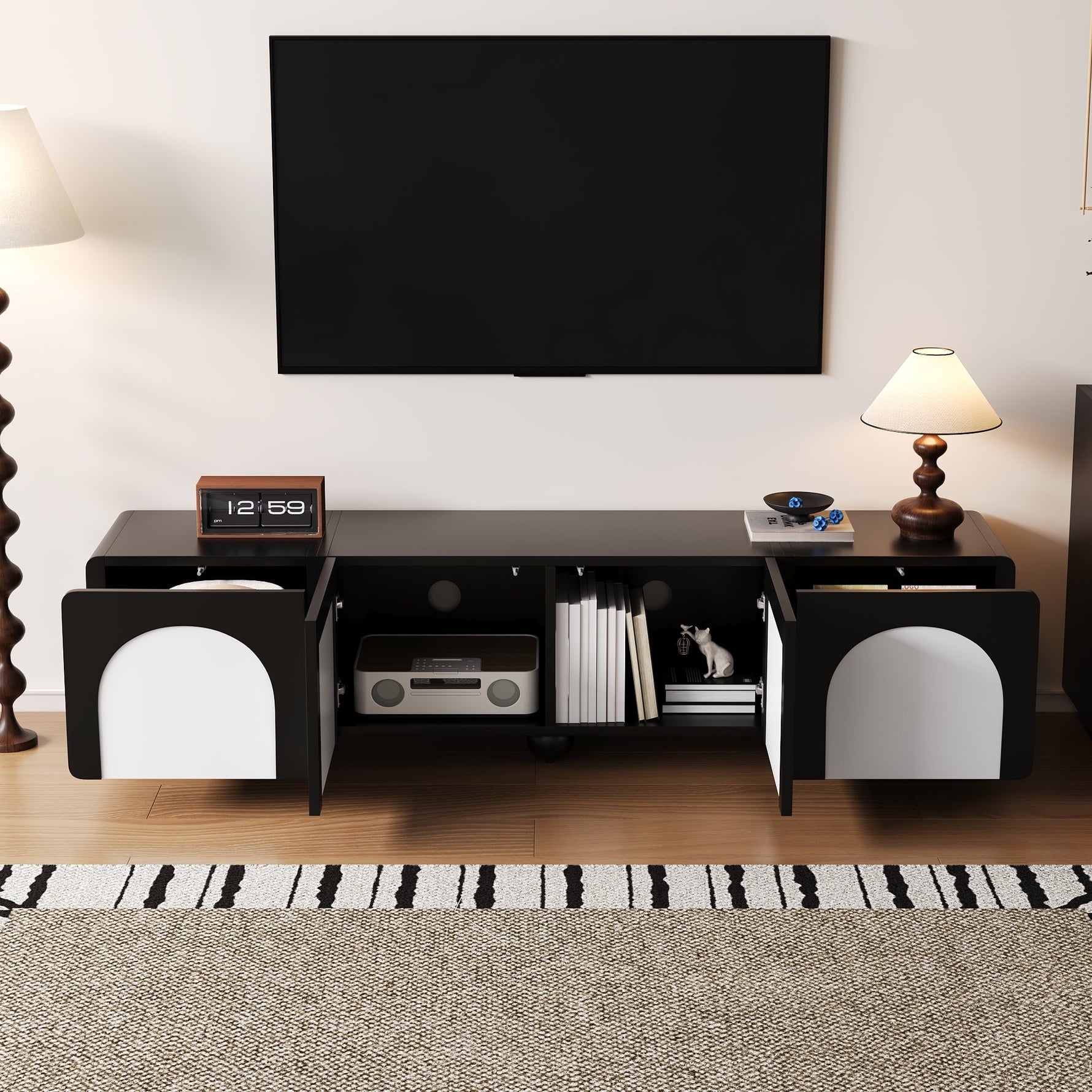 TV Cabinet Low 180cm 2 Drawers 2 Doors Black and White
