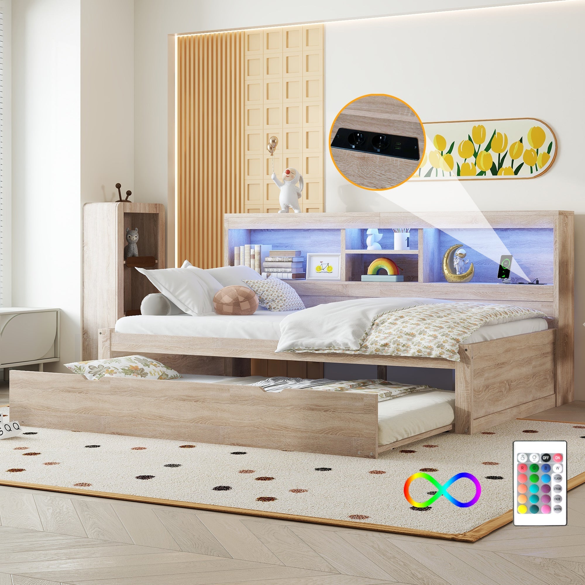 Daybed with Pull-Out Bed, LED Lights and USB Port, Natural Finish