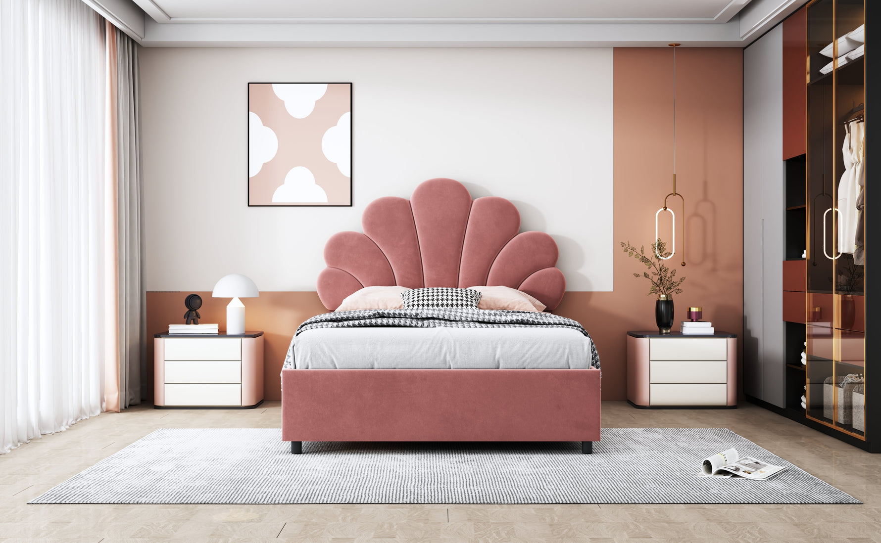 Upholstered Children's Bed 90x200cm Floral Headboard Hydraulic Storage Velvet Pink