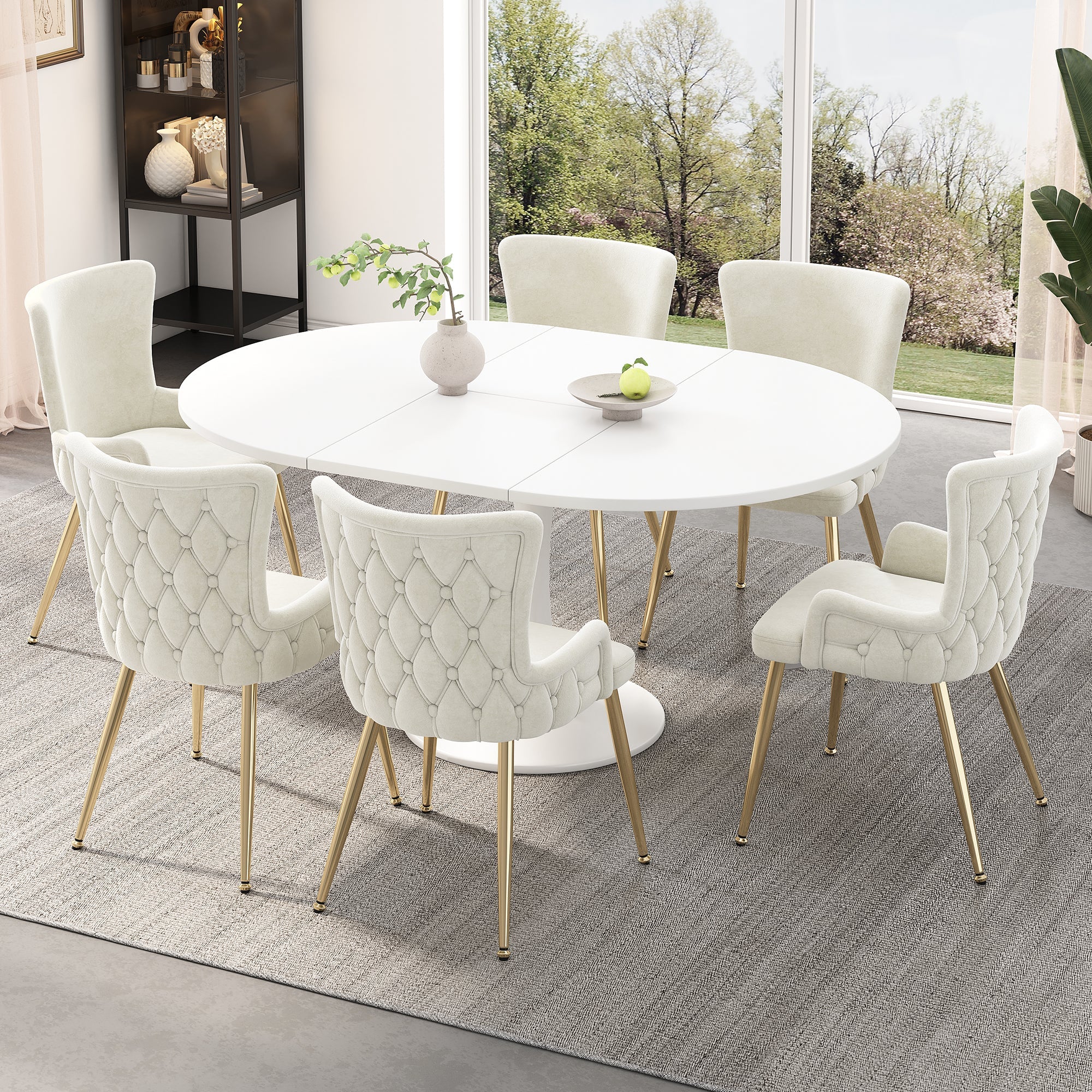 Velvet Dining Chair, Set of 6, Gold Metal Legs, Beige