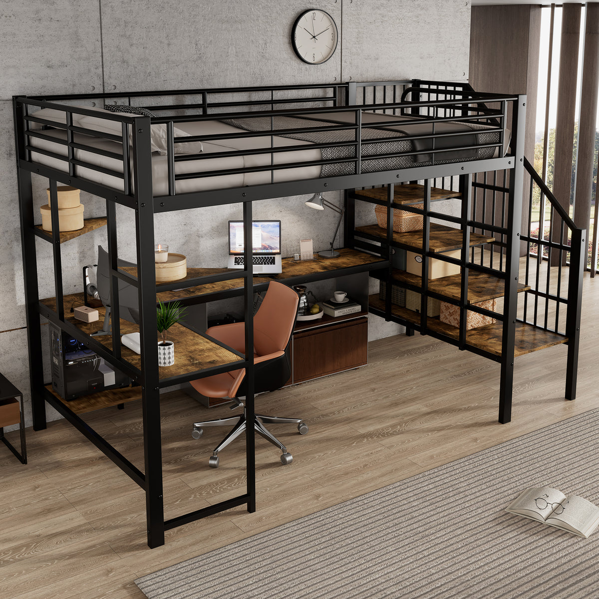 Iron Loft Bed with Desk & Storage, 120x200cm, Black Iron + MDF