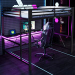 Gaming Metal Loft Bed Frame with LED Lighting, USB Station and Desk, 160x200, Black