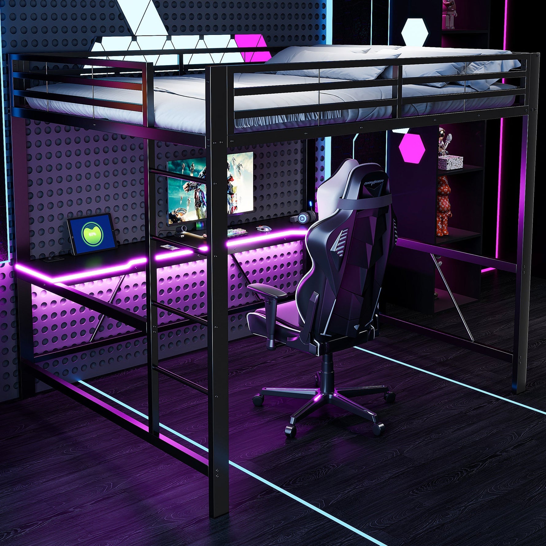 Gaming Metal Loft Bed Frame with LED Lighting, USB Station and Desk, 160x200, Black