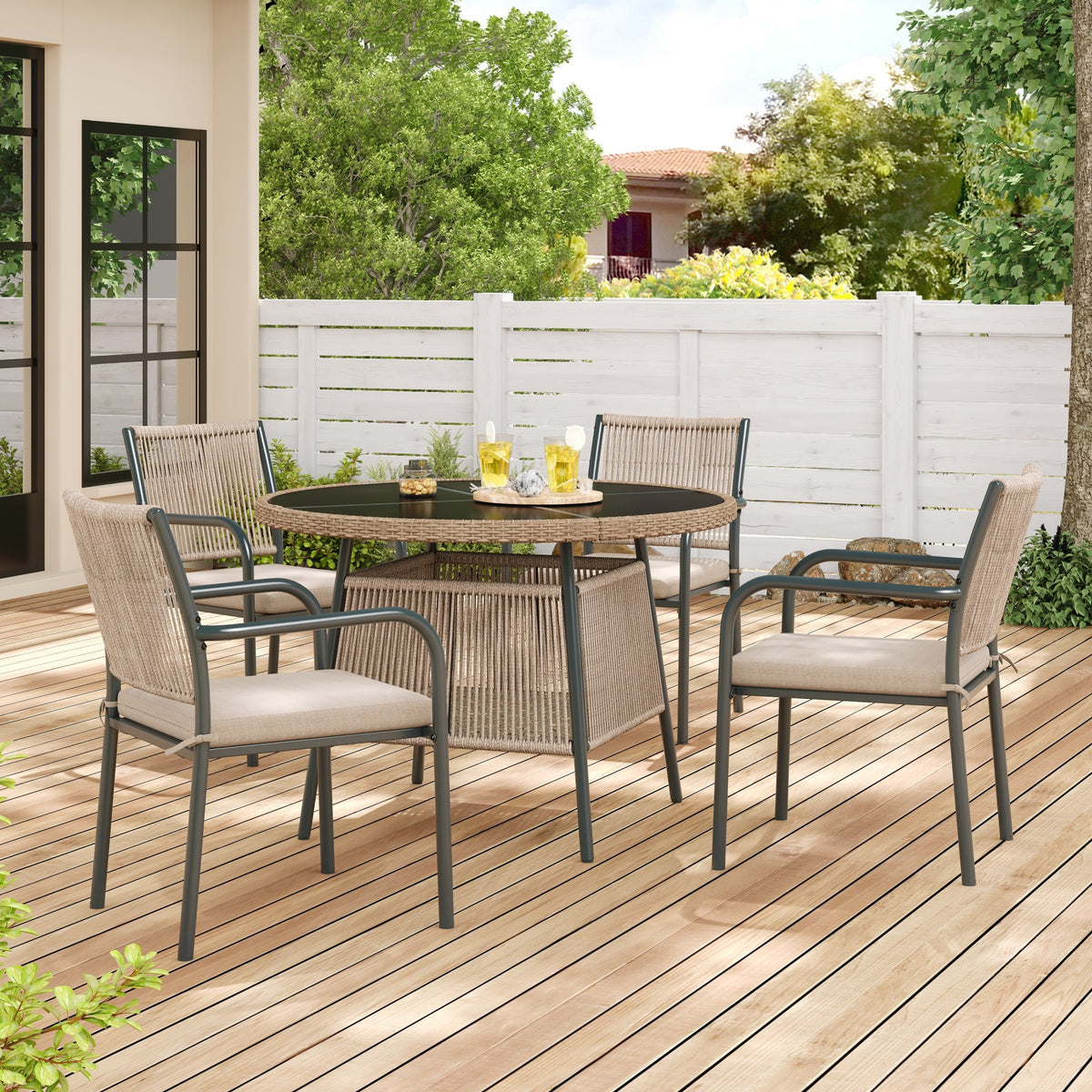 Modern Garden Furniture Set with Round Table & 4 Chairs, Rattan