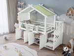 Bunk Bed, Safety Gate, Wardrobe, Lockers, Stairs, 90x200cm, White & Green Pine+MDF+Plywood