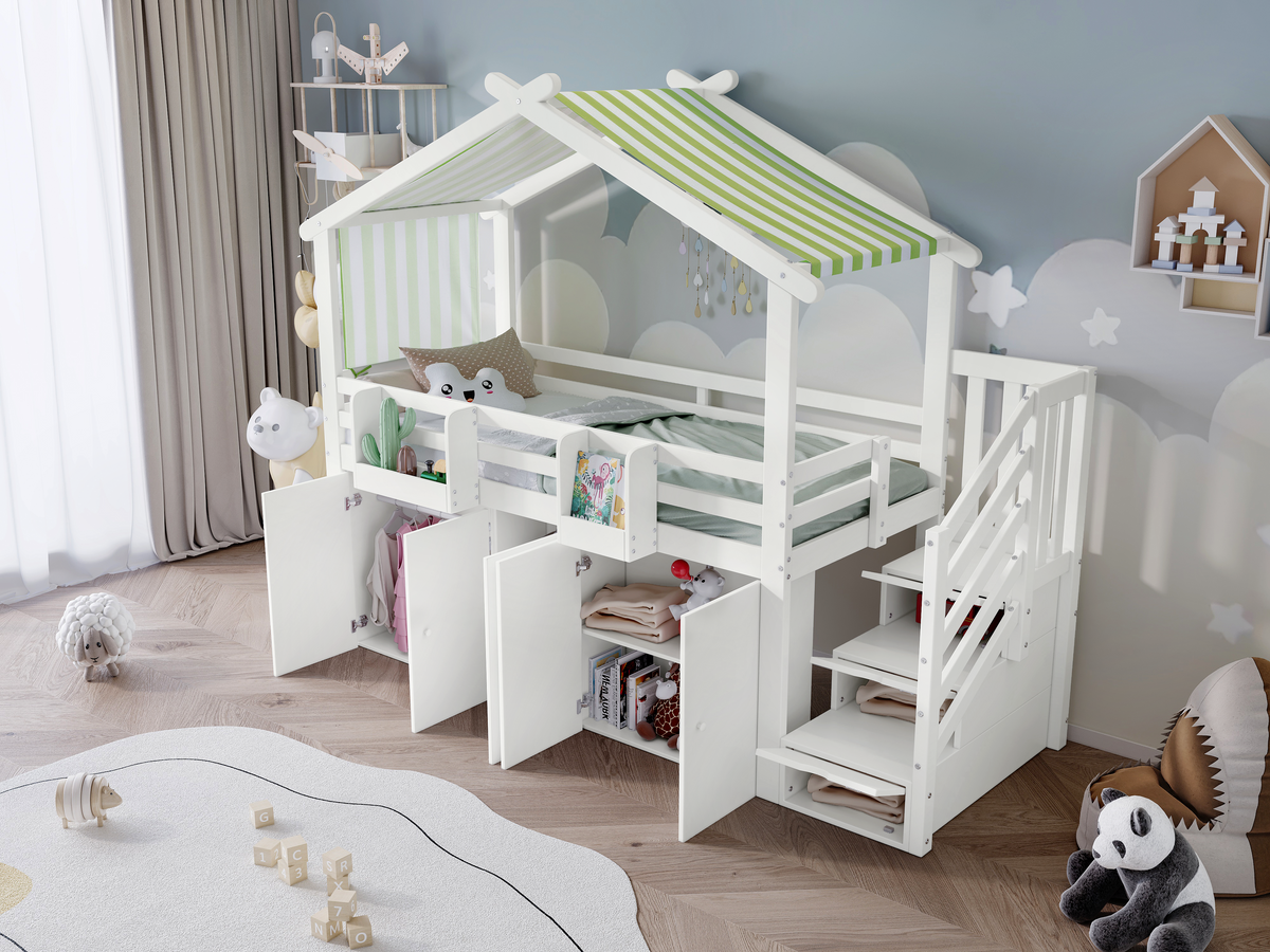 Bunk Bed, Safety Gate, Wardrobe, Lockers, Stairs, 90x200cm, White & Green Pine+MDF+Plywood