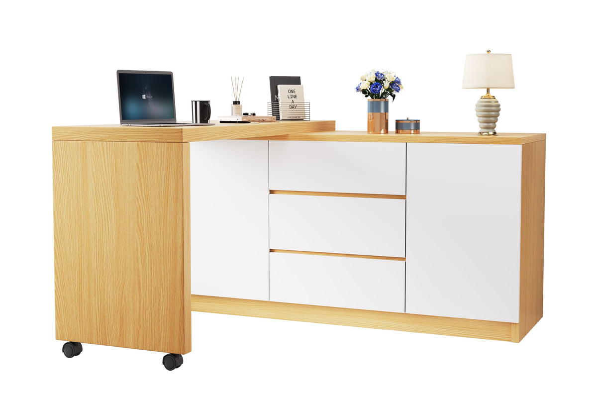 Desk, Multifunctional Rotating, Lockable Casters, White/Oak